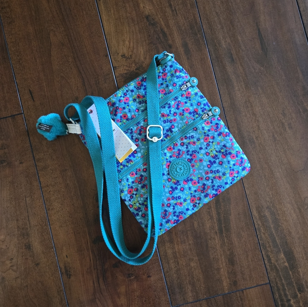 Kipling Keiko Crossbody Lightweight Shoulder Bag Teal Floral Print Monkey Charm - Picture 6 of 8